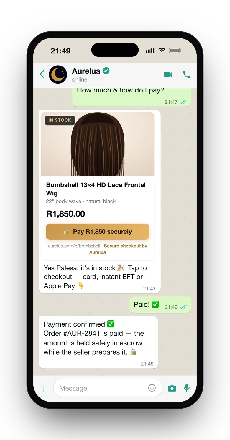 WhatsApp chat with Aurelua's verified profile: a buyer asks how much, gets a secure checkout link, pays, and the order is confirmed in chat