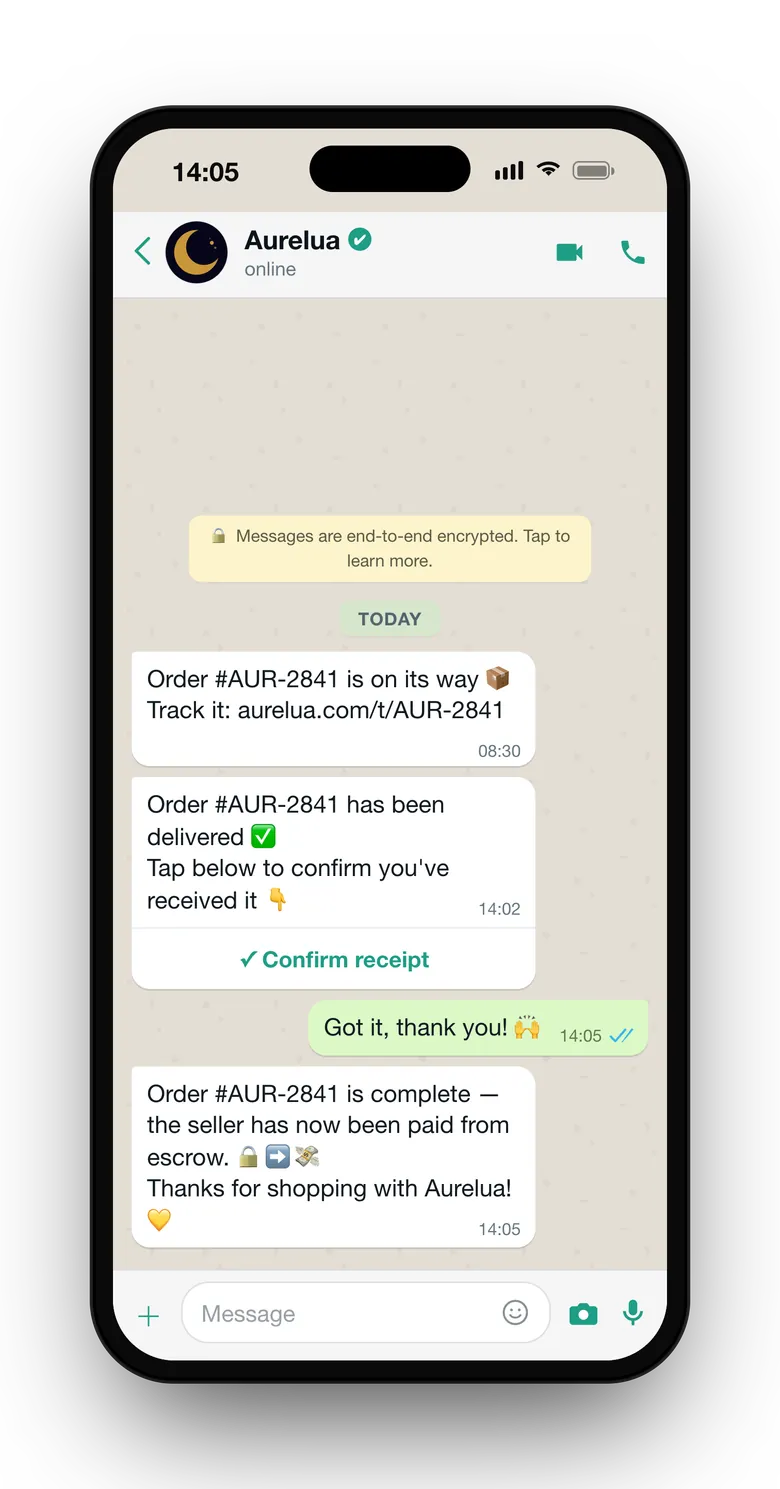 WhatsApp chat with Aurelua: order shipped with tracking, delivered with a Confirm receipt button, then 'the seller has now been paid from escrow'